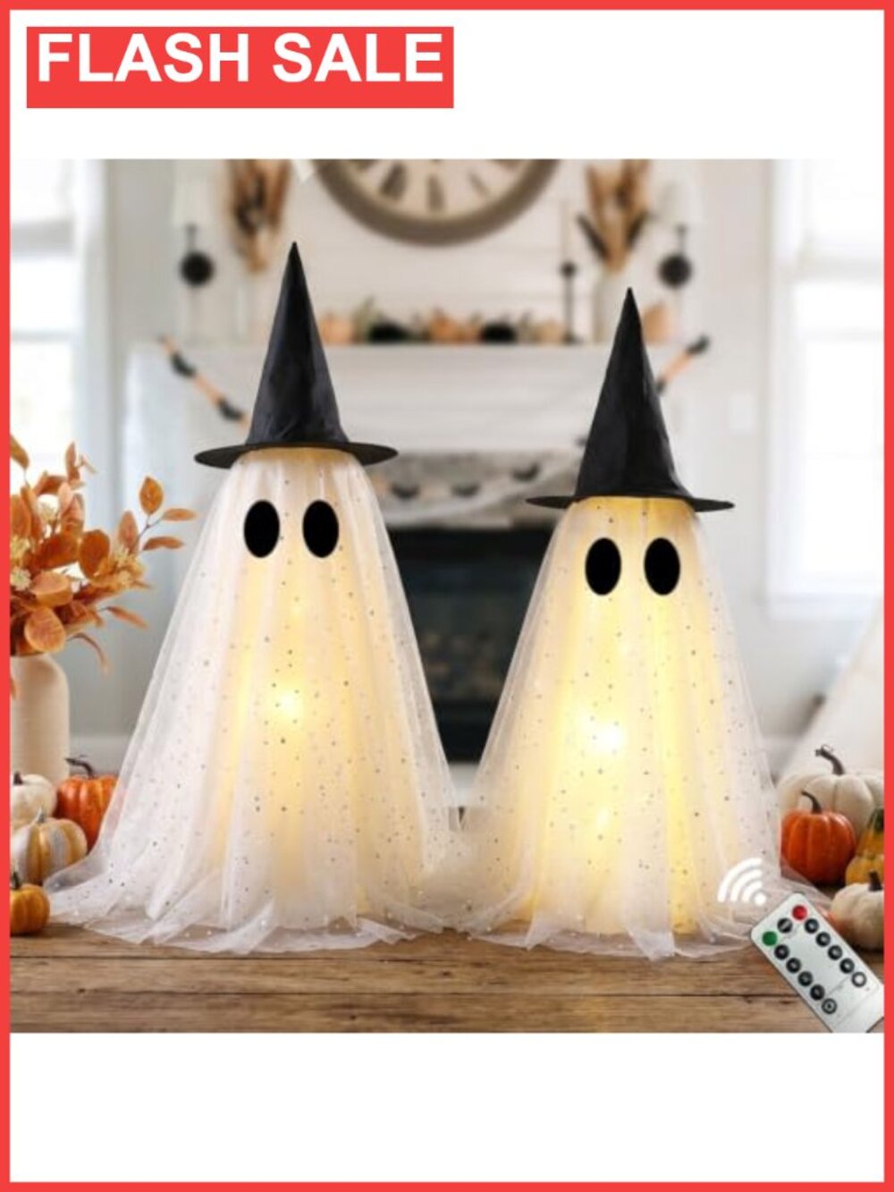 Set of 2 Lighted Halloween Ghost Decorations with Witch Hats